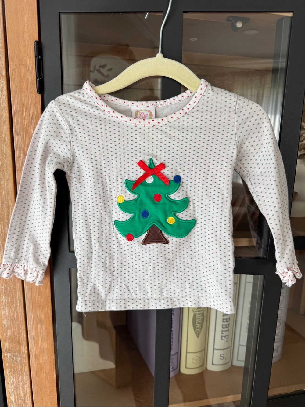 Cecil & Lou Christmas tree applique 3D embroidered long sleeve tee bow baby girl